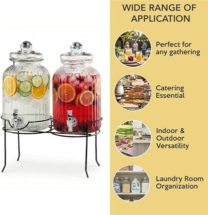 Style Setter Canyon Glass Beverage Dispenser with Stand Set of 2-1.3 Gallon Drink Dispenser with Stand & Spigot - Leak-Proof Lemonade Dispenser - Punch Dispenser for Parties, Weddings, Birthdays