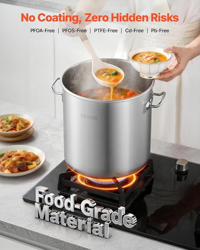 VEVOR Stainless Steel Stock Pot, 21-Quart Stainless Steel Stockpot with Glass Lid, PFOA-Free, PFAS-Free, Compatible with Gas Stoves, Induction Cooktops, Electric Stoves, for Soups, Stews, and Pasta - Image 2