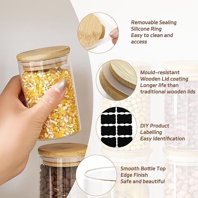 12 Packs Bamboo Qtip Holders, 10 oz Glass Round Storage Containers with Lids for Cotton Pads Swabs Balls, Jewelry/Makeup Organizer and Spice Container - Image 3