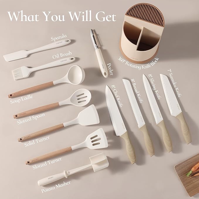 CAROTE 13Pcs Kitchen Utensils Set with 360 Rotating Knife Block, Heat Resistant Cooking Utensils with Wooden Handle, Nonstick Ceramic Surface, Cream White - Image 2