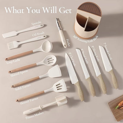 CAROTE 13Pcs Kitchen Utensils Set with 360 Rotating Knife Block, Heat Resistant Cooking Utensils with Wooden Handle, Nonstick Ceramic Surface, Cream White - Image 2