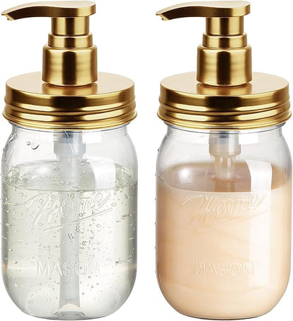 Amolliar Plastic Mason Jar Soap Dispenser with Pump Lid,16OZ Refillable BPA-Free Hand Soap Dispenser Set with Cute Lables - for Kitchen/Bathroom, Liquid Soap, Dish Soap, Lotion (2 Pack, Gold) by Amolliar