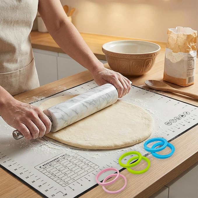 White Marble Rolling Pin with Stainless Steel Handles Baking Set - Silicone Baking Mat, Stainless Steel Dough Cutter, 3 Multicolor Thickness Guides & Wooden Base, Ideal for Pastry, Dough & Pizza - Image 4