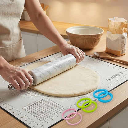 White Marble Rolling Pin with Stainless Steel Handles Baking Set - Silicone Baking Mat, Stainless Steel Dough Cutter, 3 Multicolor Thickness Guides & Wooden Base, Ideal for Pastry, Dough & Pizza - Image 4