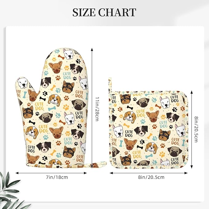 Cute Dog Oven Mitts and Pot Holders Set - Heat Resistant (500°F) Non-Slip Silicone Kitchen Gloves for Cooking, Baking, Grilling & BBQ - Kitchen Accessories for Women/Men, Gift Idea