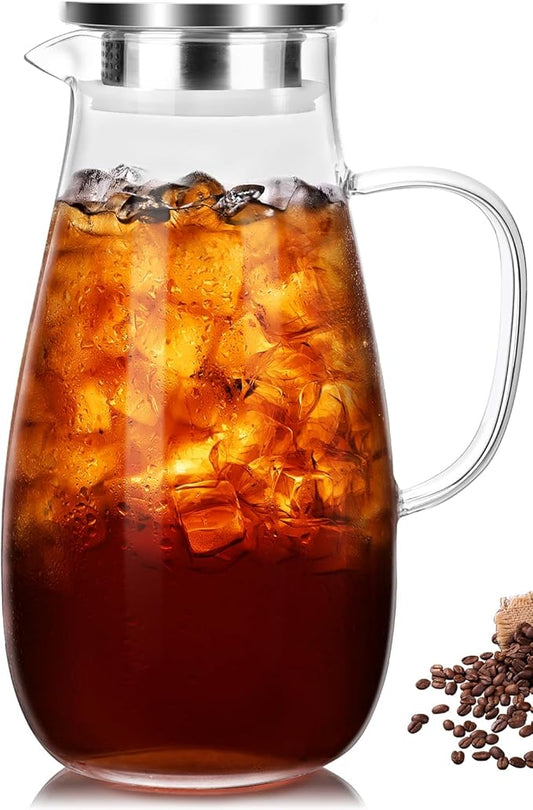 Glass Pitcher, Glass Water Pitcher with Lid and Handle for Fridge, 2 Quart Borosilicate Water Jug for Hot/Cold Drinks, Iced Tea, Juice and Coffee Beverage, Heat Resistant by Potdoctor