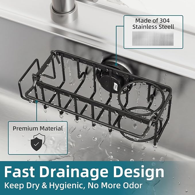 TAILI 4-in-1 Sink Caddy with Strong Suction Cup, Sponge Holder for Kitchen Sink Organizer, Removable, Rustproof, Stainless Steel Holder for Sponge, Brush, Scrubber, Scraper - Black - Image 4