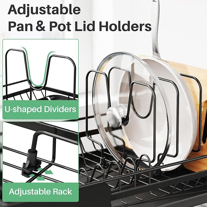 SNTD Large Dish Drying Rack - Expandable (19.3" to 29.4") Dish Rack for Kitchen Counter, Stainless Steel Dish Drainer with Utensil Holder, Pan Holder & Pot Lid Holder (Black) - Image 6