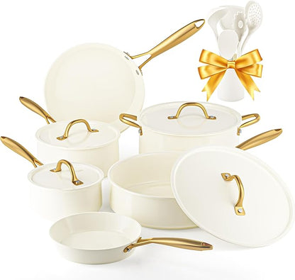 Pots and Pans Set Non Stick - VONIKI Ceramic Cookware Set with Cooking Utensils Set, Non Toxic Kitchen Cookware Sets Dutch Oven Pot with Lid Saucepan Set Sauté Pan Frying Pan Set for Cooking Gifts by VONIKI