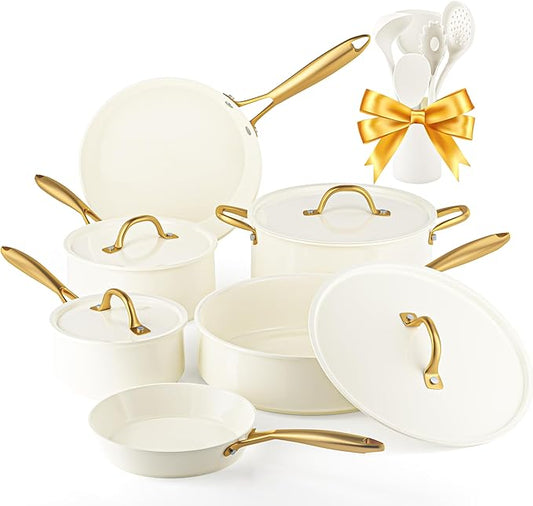 Pots and Pans Set Non Stick - VONIKI Ceramic Cookware Set with Cooking Utensils Set, Non Toxic Kitchen Cookware Sets Dutch Oven Pot with Lid Saucepan Set Sauté Pan Frying Pan Set for Cooking Gifts by VONIKI