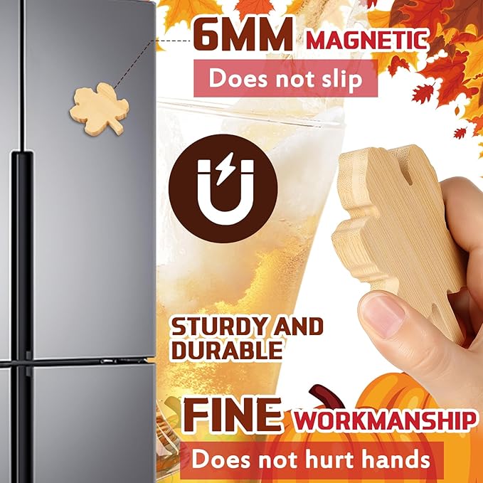 Vesici 12 Pcs Bamboo Maple Leaf Shape Magnetic Bottle Opener 2.5in DIY Bamboo Beer Openers Wooden Fridge Magnet Refrigerator Sticker Gift for Thanksgiving Beer Lover Wedding Guest Kitchens Bars Party - Image 3