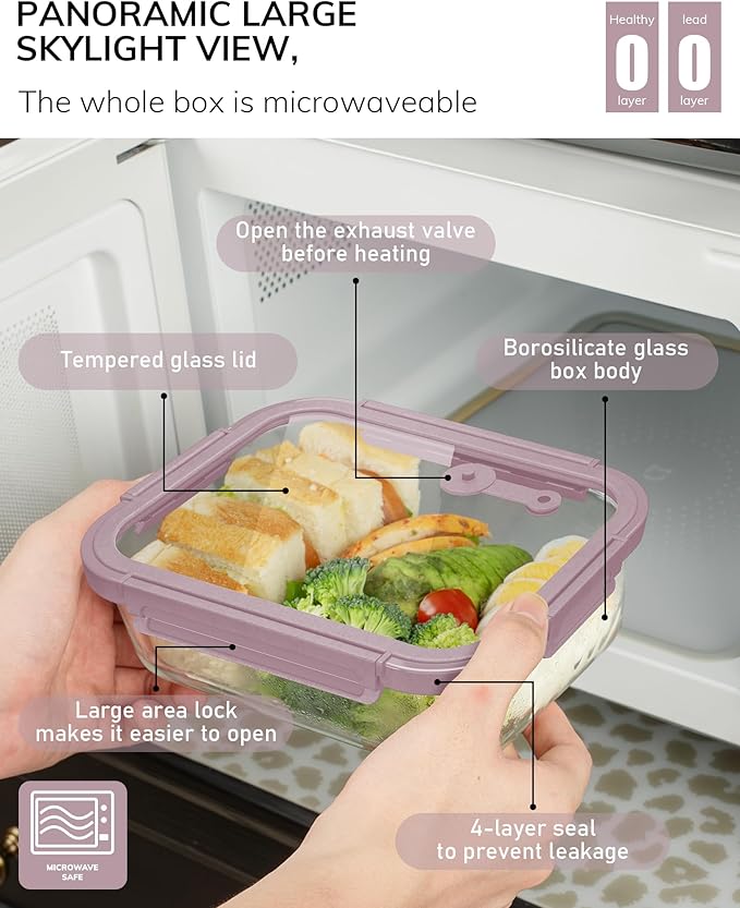 5-Pack Borosilicate Glass Containers with Tempered Lids, 35.2oz/4.4 Cup Airtight Meal Prep Set, Microwave/Freezer Safe (Pink) - Image 5