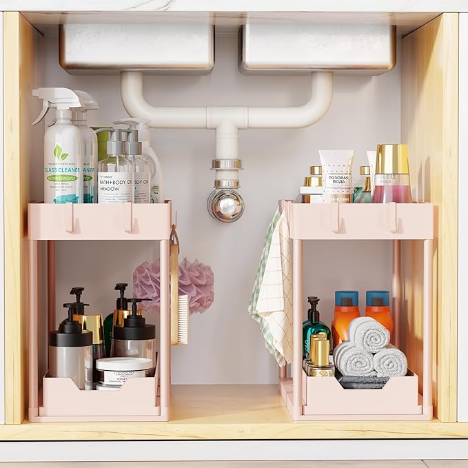 Simple Trending Under Sink Organizer 2 Pack, Sink Pull-Out Sliding Storage Cabinet, 2-Tier Under Shelf Organizer for Kitchen Bathroom, Pink - Image 7