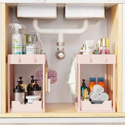 Simple Trending Under Sink Organizer 2 Pack, Sink Pull-Out Sliding Storage Cabinet, 2-Tier Under Shelf Organizer for Kitchen Bathroom, Pink - Image 7