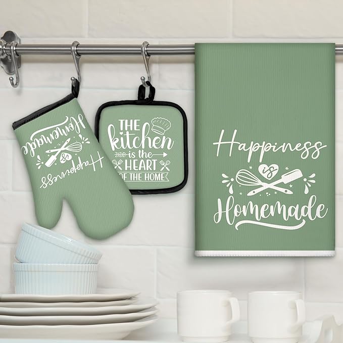 Sratte 6 Pcs Kitchen Decor Accessories Set Farmhouse Towels Pot Holders Oven Mitts Set 2 Dish Towels 2 Potholders 2 Cooking Mittens Oven Glove for Christmas Baking Cooking Supply(Sage Green,Kitchen) - Image 2