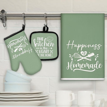 Sratte 6 Pcs Kitchen Decor Accessories Set Farmhouse Towels Pot Holders Oven Mitts Set 2 Dish Towels 2 Potholders 2 Cooking Mittens Oven Glove for Christmas Baking Cooking Supply(Sage Green,Kitchen) - Image 2
