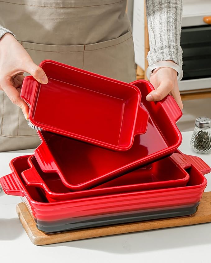 Casserole Dishes For Oven, Heat-Resistant Ceramic Bakeware Set Of 4 Rectangular Baking Dish Set With Handles For Lasagna, Cake, Pie, Dinner, Cooking, Ceramic Baking Dish, Red (9.4"/11.1"/12.2"/14.7") - Image 7