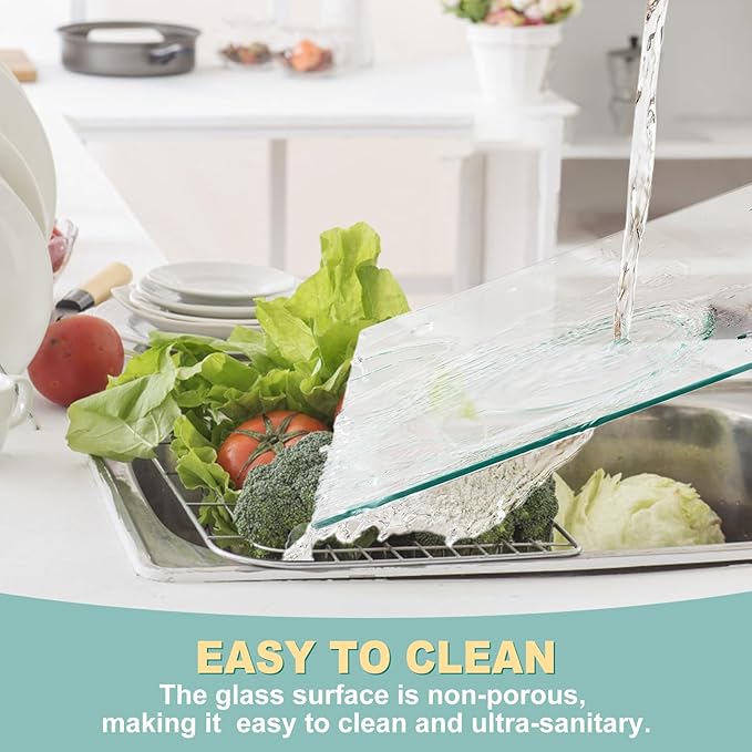 VASUHOME Tempered Glass Cutting Boards for Kitchen Counter - [2 Pack of 16x12 and 8x12 Inch] - Clear Cutting Board for Countertop - Scratch, Heat, Shatter Resistant and Easy to Clean