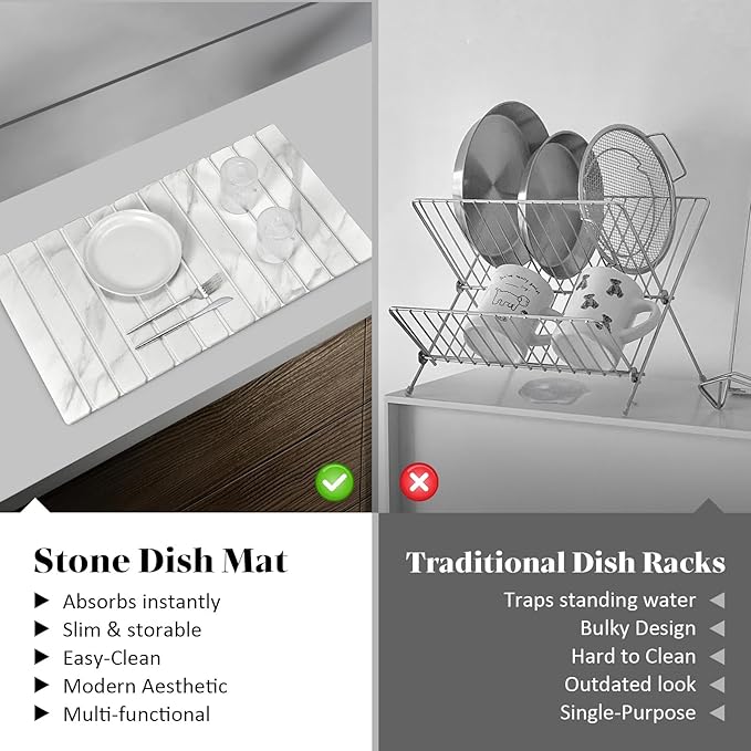Large Stone Dish Drying Mats for Kitchen Counter, 28"(L)×16"(W) Marble-Pattern, Collapsible Quick Drying Dish Mats, Ultra Absorbent Diatomaceous Earth Mats for Dishes , Match Any Countertop - Image 6