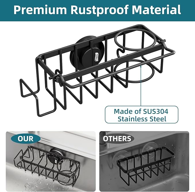 TAILI 4-in-1 Sink Caddy with Strong Suction Cup, Sponge Holder for Kitchen Sink Organizer, Removable, Rustproof, Stainless Steel Holder for Sponge, Brush, Scrubber, Scraper - Black - Image 8