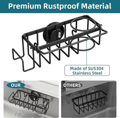 TAILI 4-in-1 Sink Caddy with Strong Suction Cup, Sponge Holder for Kitchen Sink Organizer, Removable, Rustproof, Stainless Steel Holder for Sponge, Brush, Scrubber, Scraper - Black - Image 8