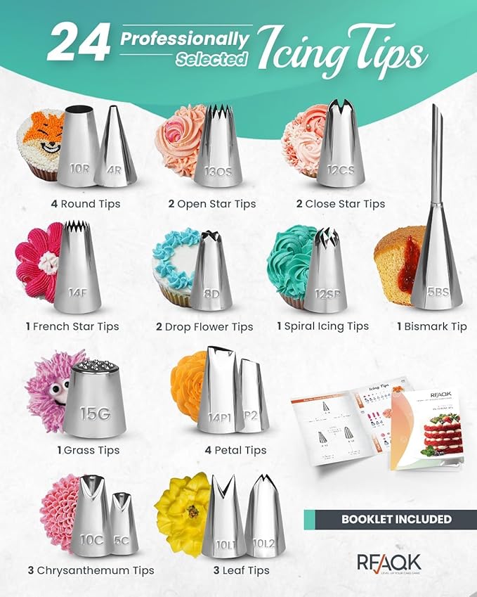 RFAQK 90PCs Cake Decorating Kit with Leveler, Baking Supplies Gift Includes Cake Stand Turntable, 24 Numbered Icing Tips, 55+1 Piping Bags, 2 Frosting Spatulas, 3 Scrappers, Video Course & Booklet - Image 4