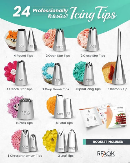 RFAQK 90PCs Cake Decorating Kit with Leveler, Baking Supplies Gift Includes Cake Stand Turntable, 24 Numbered Icing Tips, 55+1 Piping Bags, 2 Frosting Spatulas, 3 Scrappers, Video Course & Booklet - Image 4