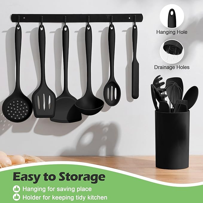 Silicone Cooking Utensil Set, Homikit 15pcs Kitchen Utensils with Holder for Nonstick Cookware, Heat Resistant Nontoxic Silicone Spatula Set Dishwasher Safe Kitchen Tools for Baking-Black - Image 3