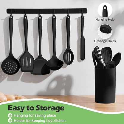 Silicone Cooking Utensil Set, Homikit 15pcs Kitchen Utensils with Holder for Nonstick Cookware, Heat Resistant Nontoxic Silicone Spatula Set Dishwasher Safe Kitchen Tools for Baking-Black - Image 3