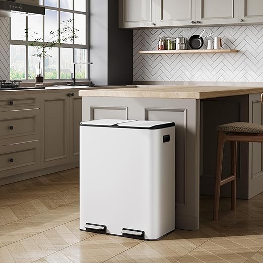 WLIVE 2 x 8 Gallon Stainless Steel Dual Trash Can, Double Trash Can Kitchen with Soft-Close Lid, Trash and Recycle Bin Combo, Kitchen Garbage Can with Deodorizing Filter Box and Inner Buckets, White