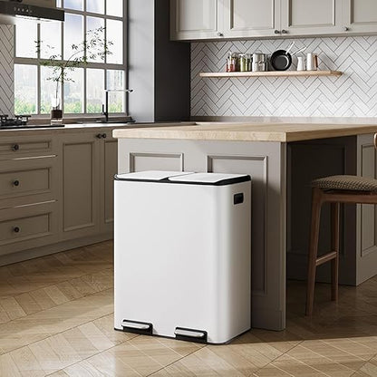 WLIVE 2 x 8 Gallon Stainless Steel Dual Trash Can, Double Trash Can Kitchen with Soft-Close Lid, Trash and Recycle Bin Combo, Kitchen Garbage Can with Deodorizing Filter Box and Inner Buckets, White