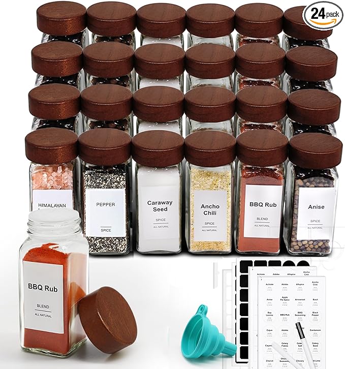 24 Pcs Spice Jars, 4oz Seasoning Containers with Acacia Wood Shaker Lids, Glass Spice Bottles with Labels, Square Seasoning Organizer, Kitchen Spice Container by ckcy