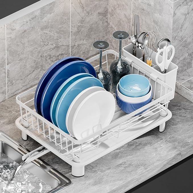 Dish Drying Rack, Stainless Steel-Dish Rack, Dish Racks for Kitchen Counter, Kitchen Dish Drainers with Removable Utensil Holder,New drain outlet,Plate Rack and Drainboard,(White-11" W x 15" L) by GAOKASE