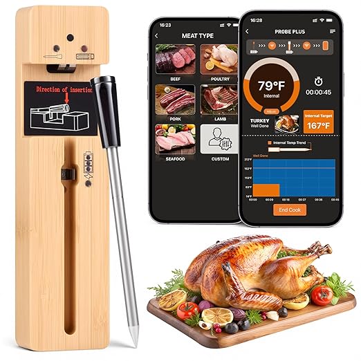 Wireless Meat Thermometer Digital, Long-Range Bluetooth Cooking Thermometer, Remote Tracking & Real-Time Readings for BBQ, Smoker, Air Fryer, Ideal Gift for Home Chef, Pitmaster, Griller