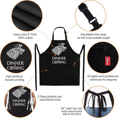 Grill Aprons for Men Women, Dinner is Coming Kitchen Chef Apron with 2 Pockets and 40" Long Ties, Adjustable Bib Apron for Cooking, BBQ, Baking, Gardening, Black