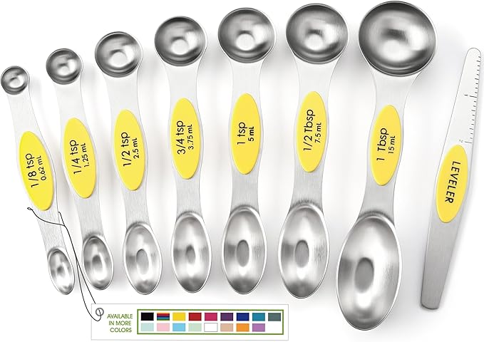 Spring Chef Yellow Stainless Steel Magnetic Measuring Spoons Set of 8 with Leveler, Dual Sided Metal Teaspoon & Tablespoon Measuring Spoons, Kitchen Gadgets for Baking & Cooking, Fits in Spice Jars by SpringChef