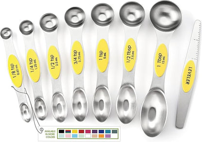 Spring Chef Yellow Stainless Steel Magnetic Measuring Spoons Set of 8 with Leveler, Dual Sided Metal Teaspoon & Tablespoon Measuring Spoons, Kitchen Gadgets for Baking & Cooking, Fits in Spice Jars by SpringChef