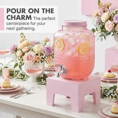 Beverage Dispenser 1 Gallon, Glass Drink Dispenser with Wooden Base Stand, Wide Mouth Jar for Lemonade, Iced Tea, Infused Water, Vintage Kitchen Decor - Pink