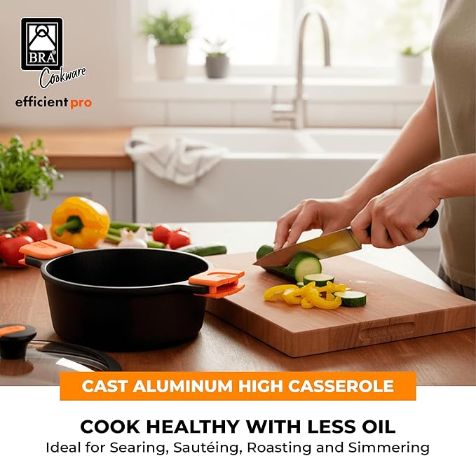 BRA COOKWARE Efficient Pro Nonstick Stock Pot w/Lid | 8 Inch 3.2 Quart Cooking Pot | 3-Layer Scratch Resistant Coating | PFOA Free Deep Pot | All Cooktops | Oven Safe up to 425°F (w/o Lid-Handles)
