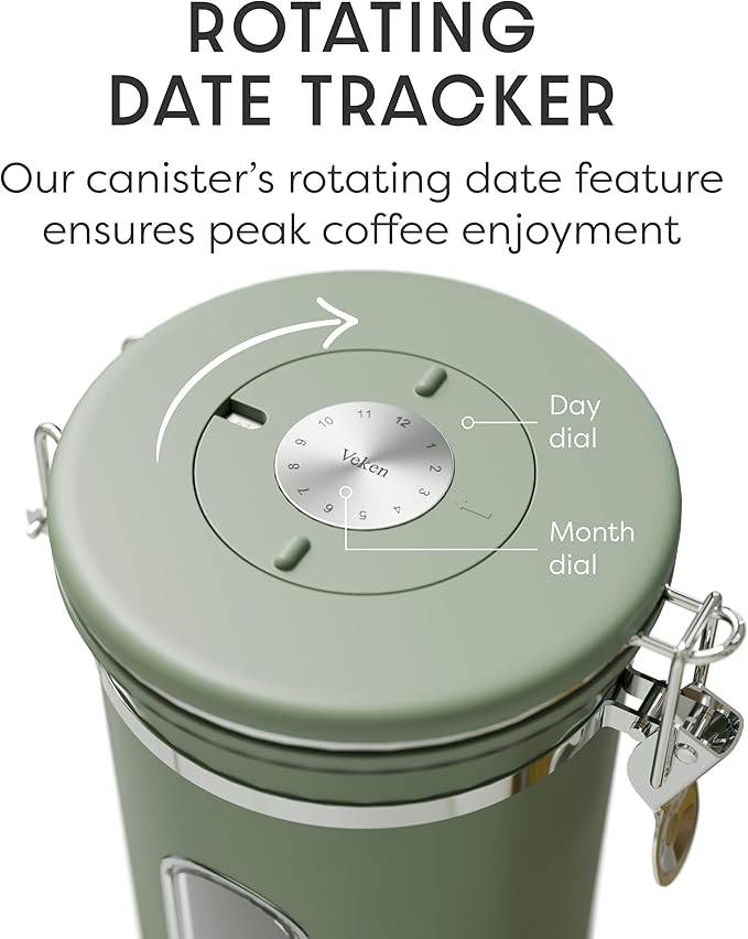 Veken Coffee Canister with Window, Airtight Stainless Steel Kitchen Food Storage Container with Lids, Date Tracker and Scoop for Grounds Coffee, Beans, Tea, Flour, Cereal, Sugar Jars, 22OZ, Green - Image 6