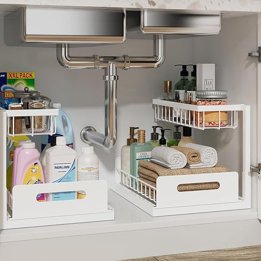 REALINN Under Sink Organizer, Pull Out Cabinet Organizer, 2 Tier Metal Slide Out Shelf with L Shaped Design, Under Cabinet Storage for Kitchen, Bathroom, Laundry, Deep Cabinet Shelf Storage, White by REALINN