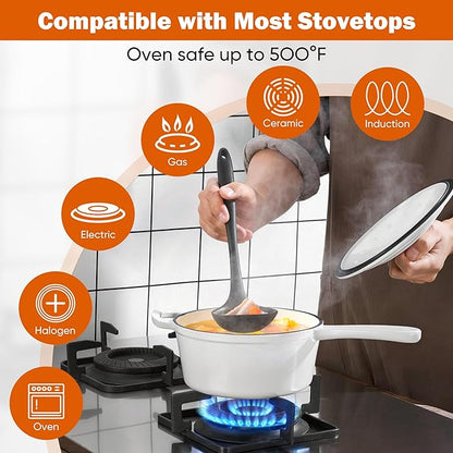 Homikit 3 Quart Saucepan with Lid, Enameled Cast Iron Saucepan for All Cooktops, Heavy Duty Cast Iron Pot for Kitchen Cooking, Boiling, Nonstick & Heat Resistant Up to 500°F, White