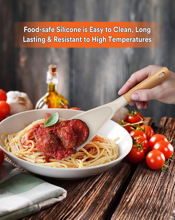 Cooking Spoon for Nonstick Cookwares, Great for Cooking and Serving Sturdy BPA-Free Matte Silicone, Wood Handle Spoon for Mixing, Scoop, and Scrape (2 Pack of Khaki, 11.4 inch) - Image 3