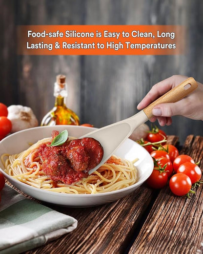 Cooking Spoon for Nonstick Cookwares, Great for Cooking and Serving Sturdy BPA-Free Matte Silicone, Wood Handle Spoon for Mixing, Scoop, and Scrape (2 Pack of Khaki, 11.4 inch) - Image 3