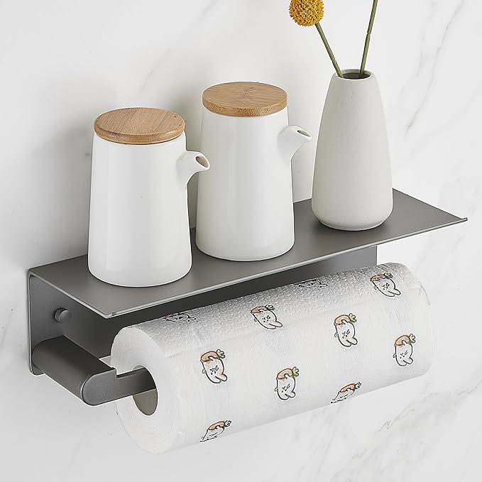 DUFU Paper Towel Holder with Shelf for Kitchen, Paper Towel Holder Wall Mount for Bathroom, Self-Adhesive Anti-Rust Aluminum, No Drill or Wall-Mounted with Screws (Grey)