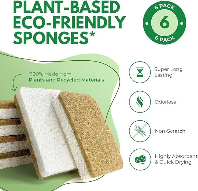AIRNEX Biodegradable Natural Kitchen Sponges Pack of 6 - Cellulose and Coconut Walnut Scrubber Sponge - Eco Friendly Sponges for Dishes - Image 2