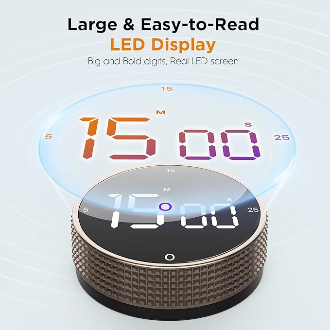 Upgrade Digital Kitchen Timer - Magnetic Countdown Countup Visual Pomodoro Timer with Large LED Display, 3-Preset Times (5, 15, 25), 3 Volume Levels, Ideal for Cooking, Baking and Fitness (2, Tarnish) - Image 2