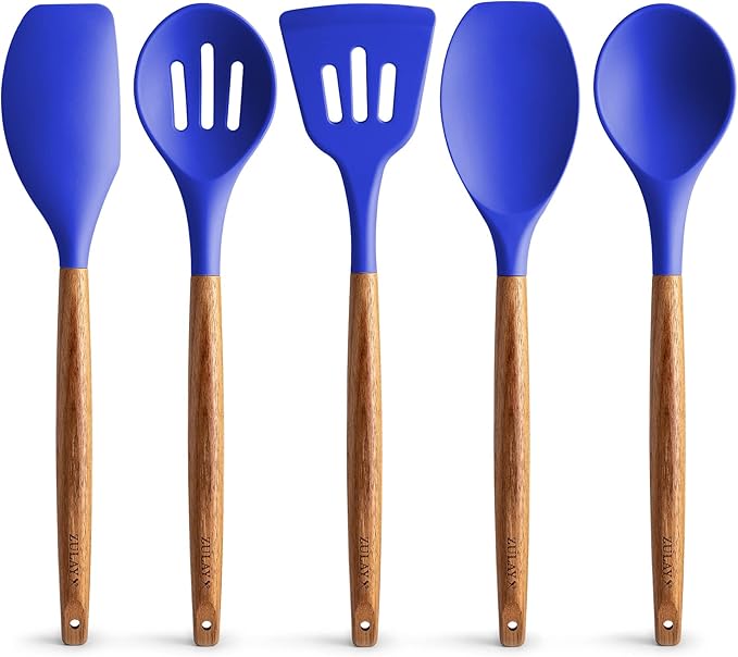 Zulay Kitchen Non-Stick Silicone Cooking Utensils Set with Acacia Wood Handles - 5 Piece Set - Heat Resistant to 464F - Dark Blue by ZulayKitchen
