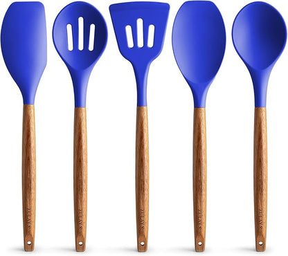 Zulay Kitchen Non-Stick Silicone Cooking Utensils Set with Acacia Wood Handles - 5 Piece Set - Heat Resistant to 464F - Dark Blue by ZulayKitchen
