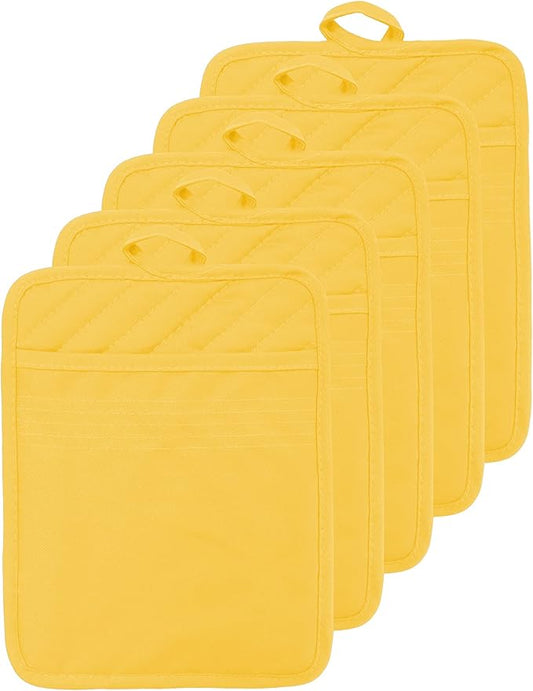 Oven Pot Holder with Pocket Cotton Heat Resistant Coaster Potholder Kitchen Hot Pad Oven Mitts for Cooking Square 7"x9"Set of 5 (Yellow) by VEIKERY
